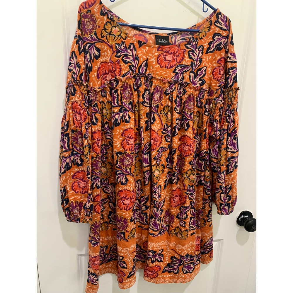 Ulla Popken Orange Floral Boho Tunic Top Long Sleeve Smocked Babydoll Plus 20/22